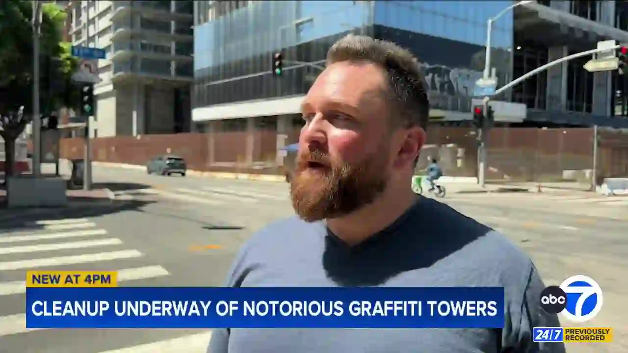 Thomas Burling interviewed by ABC7 outside Oceanwide Plaza